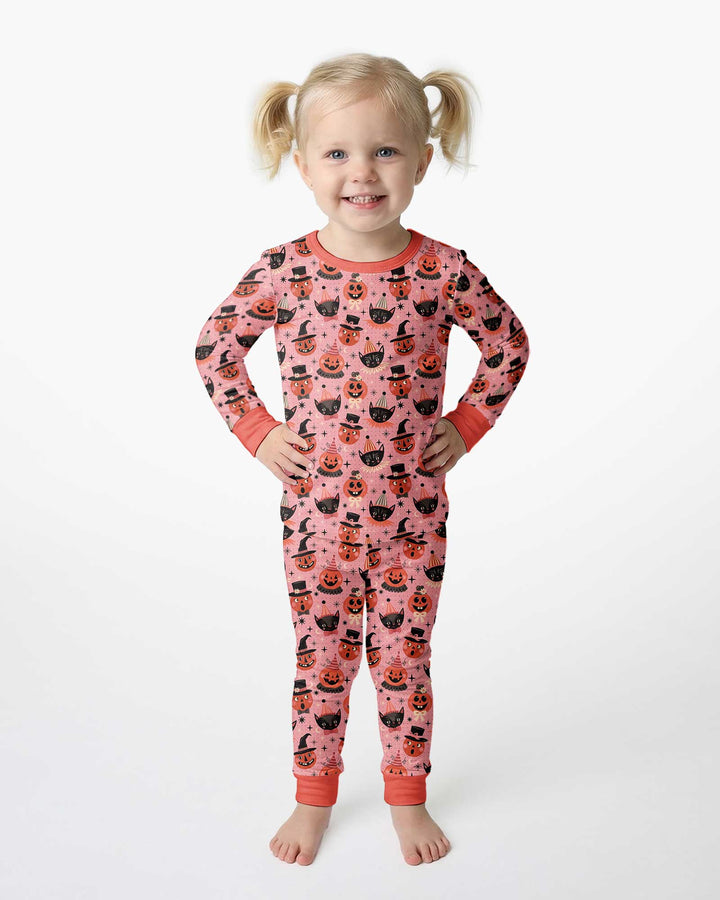 Retro Halloween Cats and Funny Pumpkins Bamboo Two Piece Long Sleeve Pajama Set