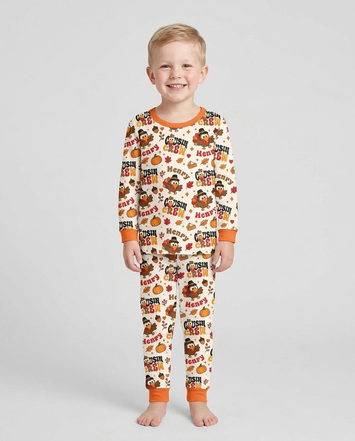 Personalized Cousin Crew Thanksgiving Bamboo Two Piece Long Sleeve Pajama Set