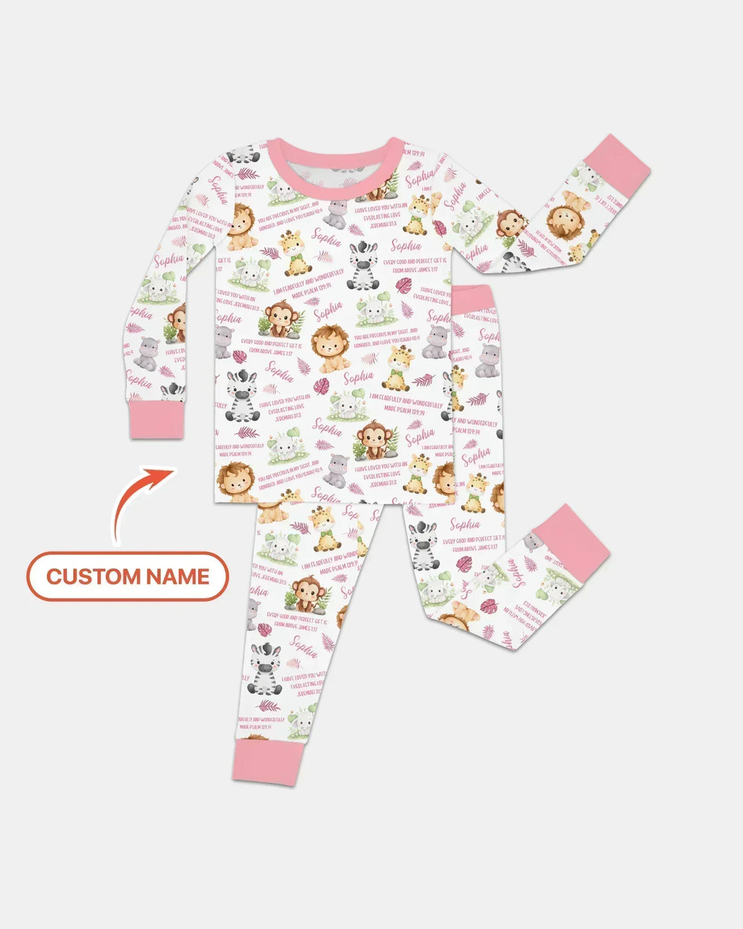 Custom Name Bible Verse Safari Animal Bamboo Two Piece Long Sleeve Pajama Set