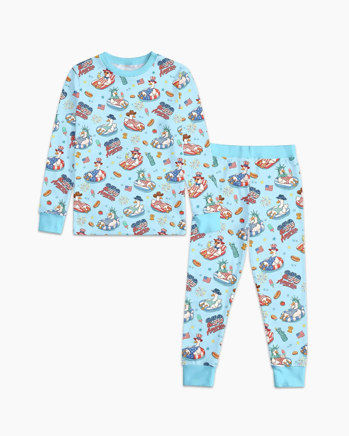250 America Patriotic Goose Family Matching Bamboo Two Piece Long Sleeve Pajama Set