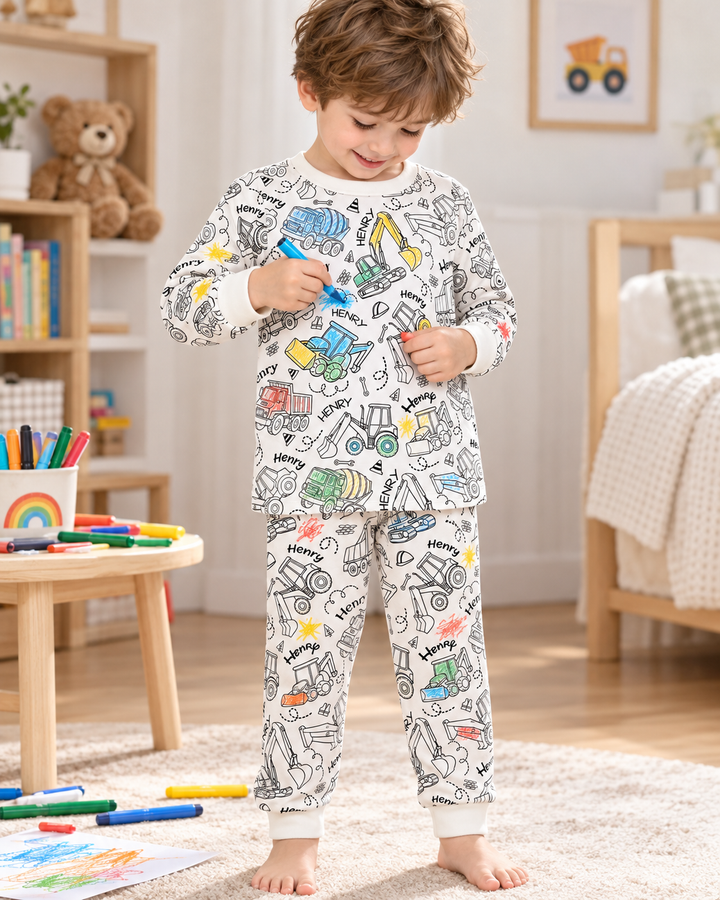 Construction Vehicules Custom Name Colorable Bamboo Two Piece Long Sleeve Pajama Set