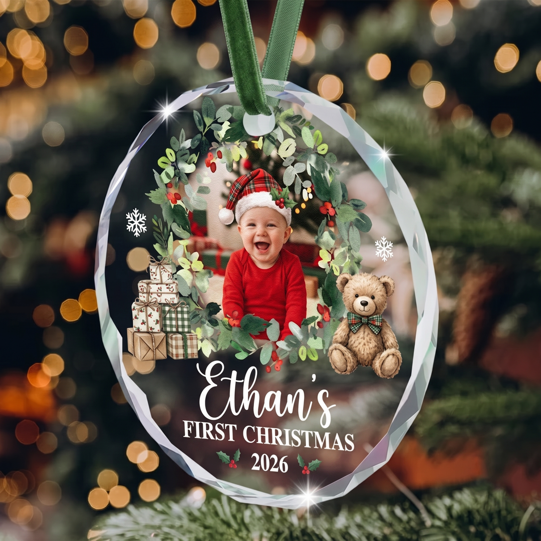 Baby First Christmas Custom Photo For New Mom, Dad, 1st Parents Glass Ornament