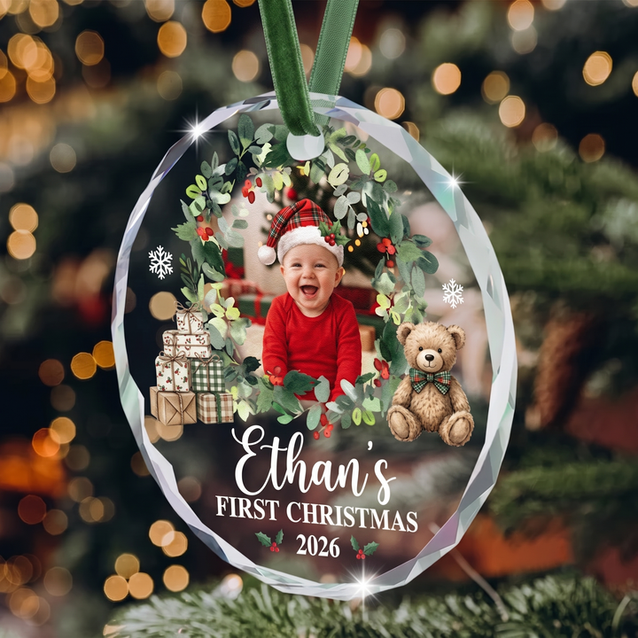 Baby First Christmas Custom Photo For New Mom, Dad, 1st Parents Glass Ornament
