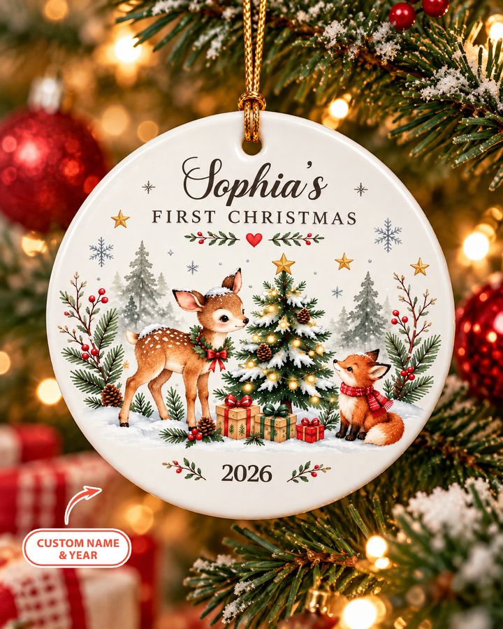 Custom Christmas Woodland First Christmas Ceramic Ornament