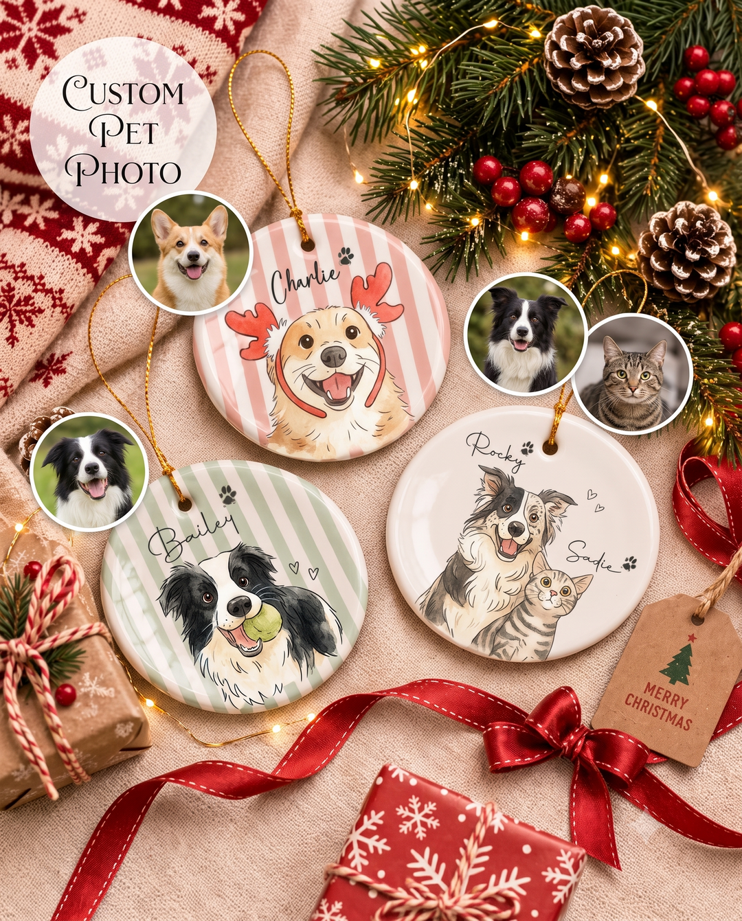 Custom Watercolor Pet Photo Christmas Stripe Ceramic Ornament