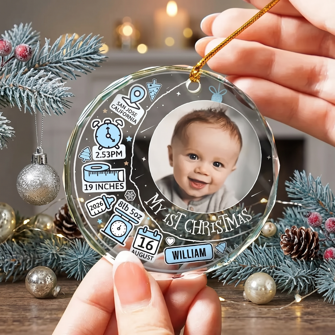 Custom Photo Baby First Christmas Information Icon Glass Ornament