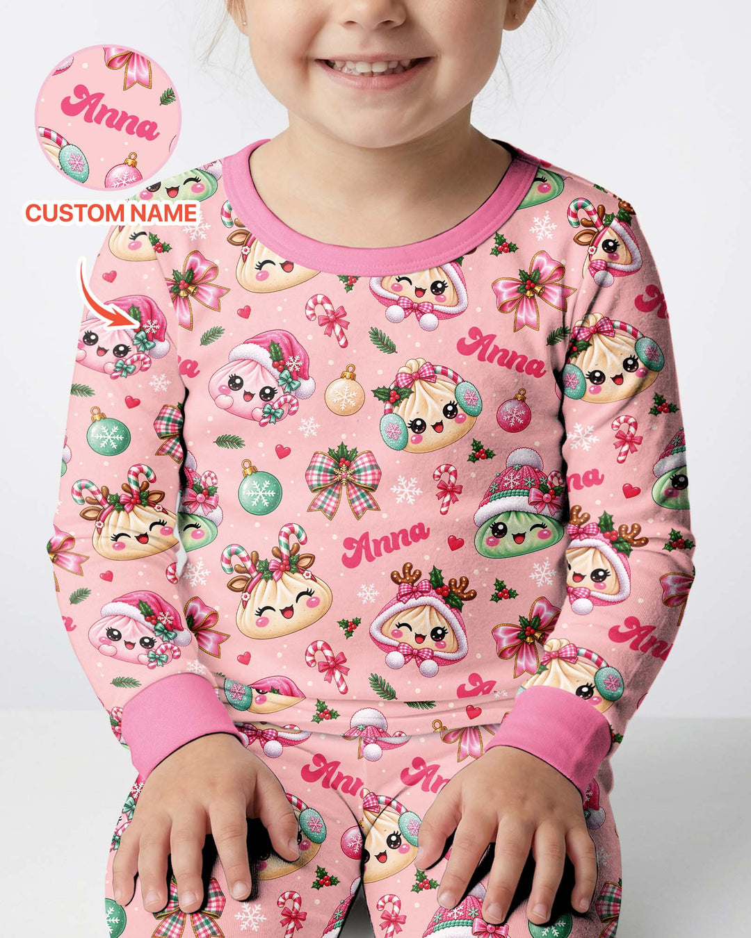 Custom Name Kawaii Christmas Dumpling Bamboo Two Piece Long Sleeve Pajama Set