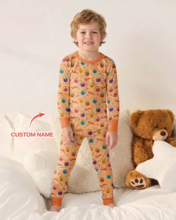 Custom Colorful Trick Or Treat Halloween Candy Bag Bamboo Two Piece Long Sleeve Pajama Set