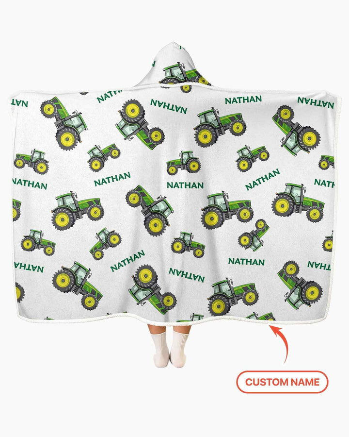 Custom Name Green Tractors Matching Daddy & Me Bamboo Wearable Hooded Blanket