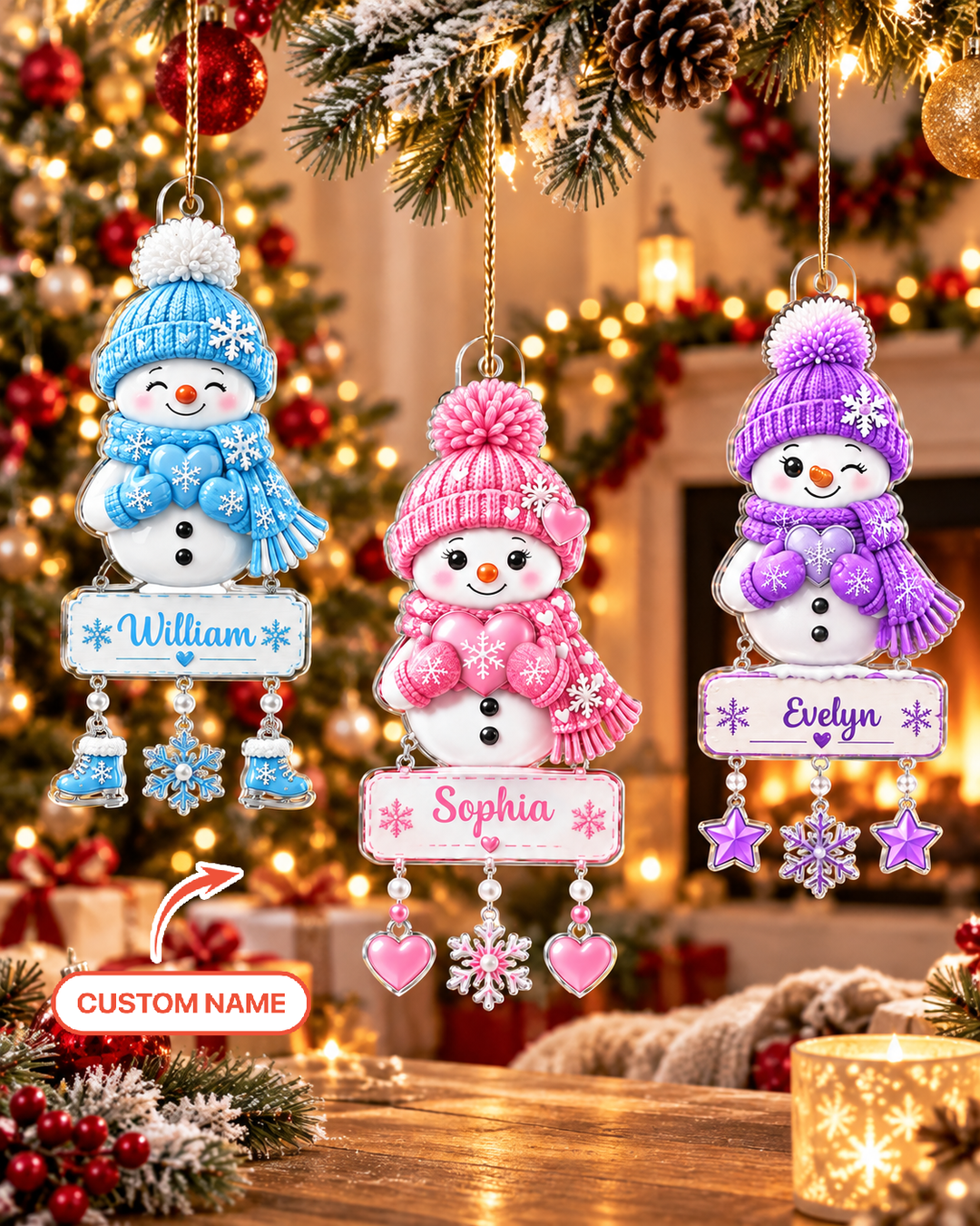 Snowy Hugs And Hearts Personalized 1-Side Photo Acrylic Ornament
