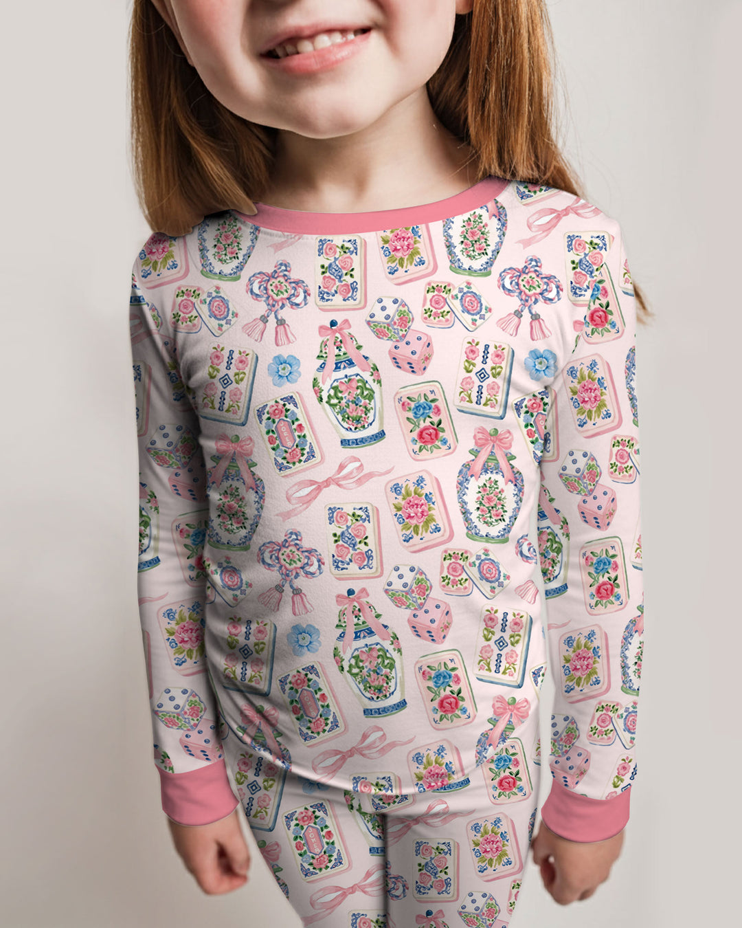 Chinoiserie Mahjong Mommy & Me Matching Bamboo Two Piece Long Sleeve Pajama Set