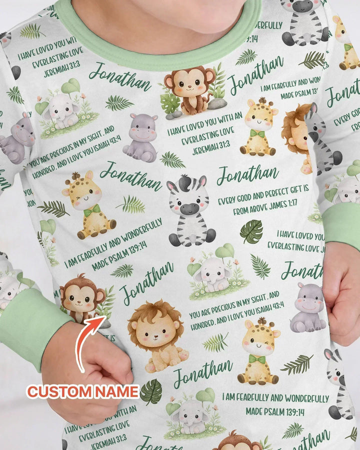 Custom Name Bible Verse Safari Animal Bamboo Two Piece Long Sleeve Pajama Set