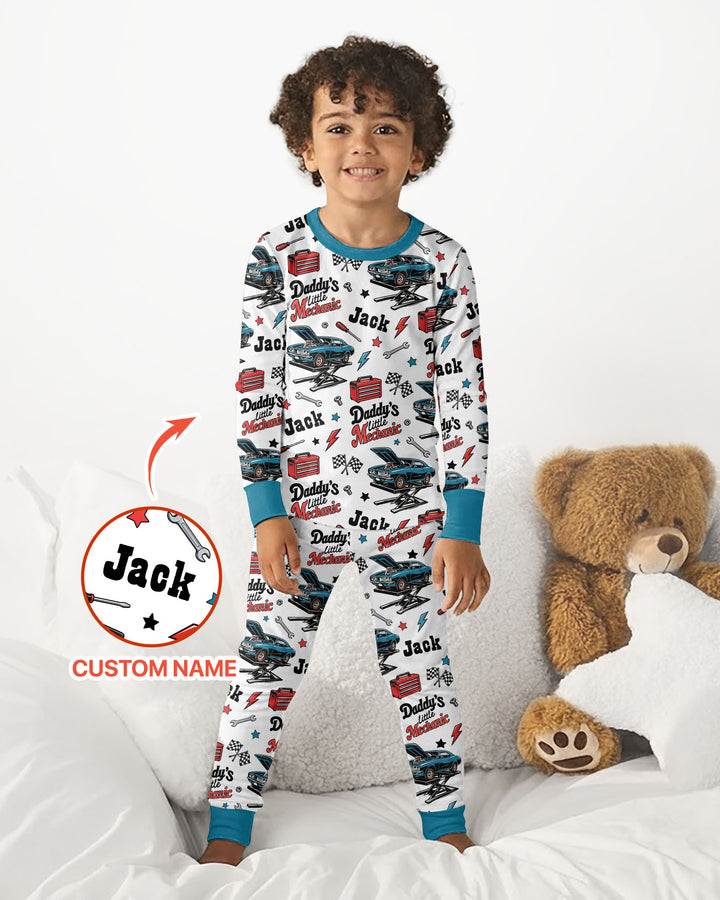 Custom Name Daddy's Little Mechanic Bamboo Two Piece Long Sleeve Pajama Set