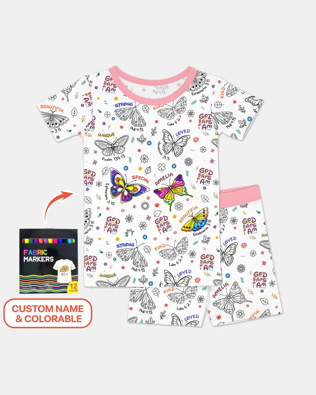 Colorable Custom Name God Says I Am Butterfly Bamboo Two Piece Short Sleeve Shorts Pajama Set