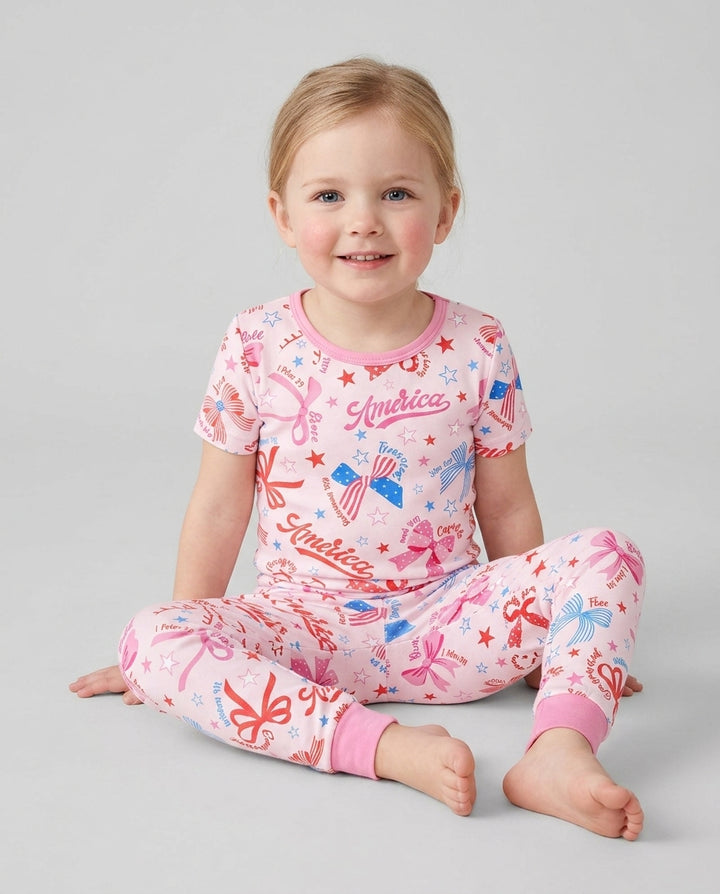 Pink Girly Patriotic Bamboo Two Piece Short Sleeve Pajama Set
