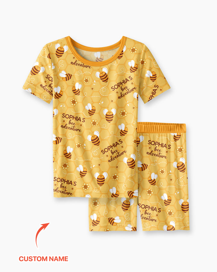 Custom Name Bee Back To School Bamboo Two Piece Short Sleeve Shorts Pajama Set