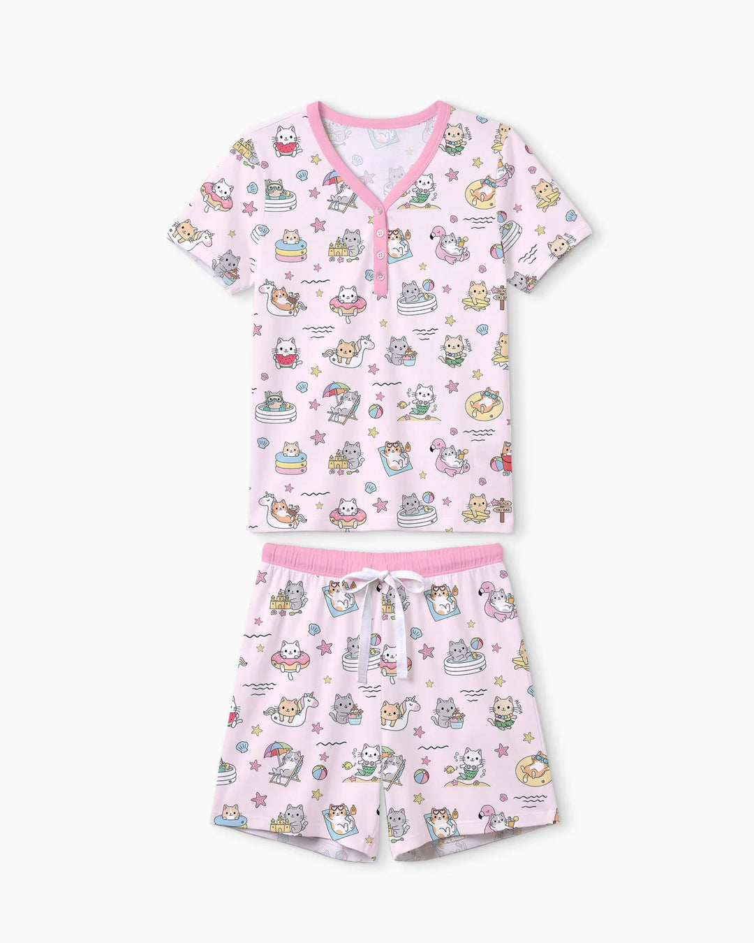 Kawaii Cats Summer Vacation Bamboo Women Short Sleeve Short Pajama Set