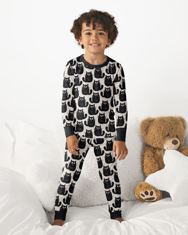 Moody Black Cats in Black and White Bamboo Two Piece Long Sleeve Pajama Set