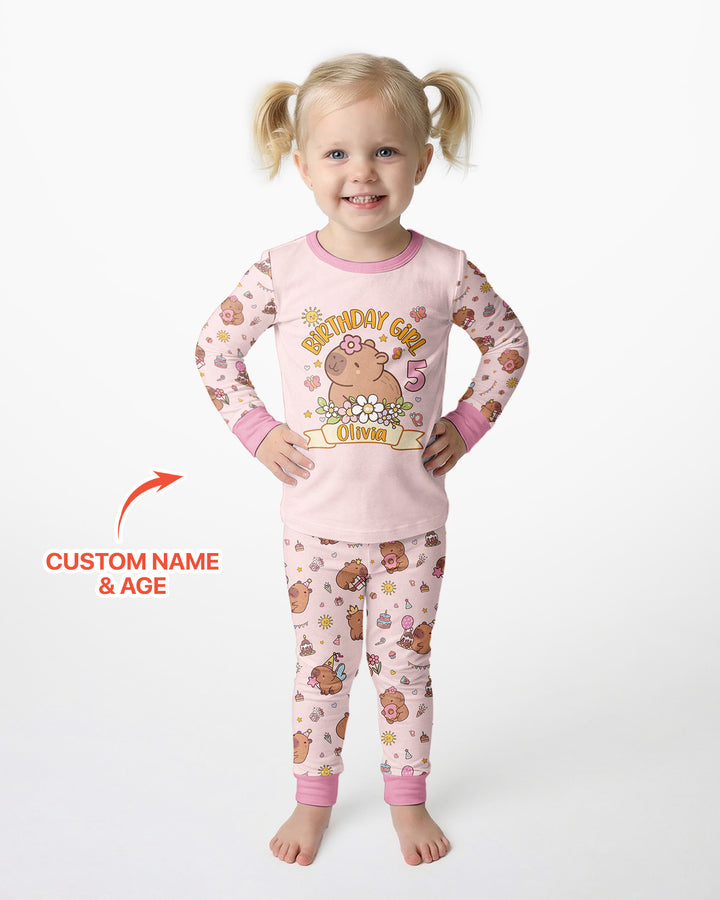 Personalized Capy Birthday Girl Bamboo Two Piece Long Sleeve Pajama Set