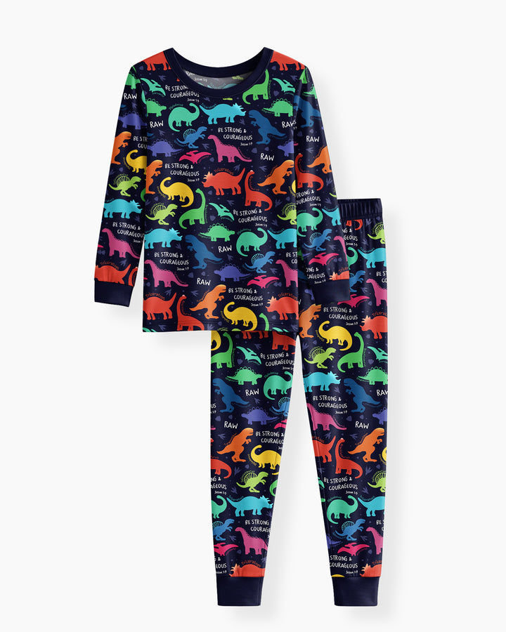 Be Strong and Courageous Dinosaur Christian Bamboo Two Piece Long Sleeve Pajama Set
