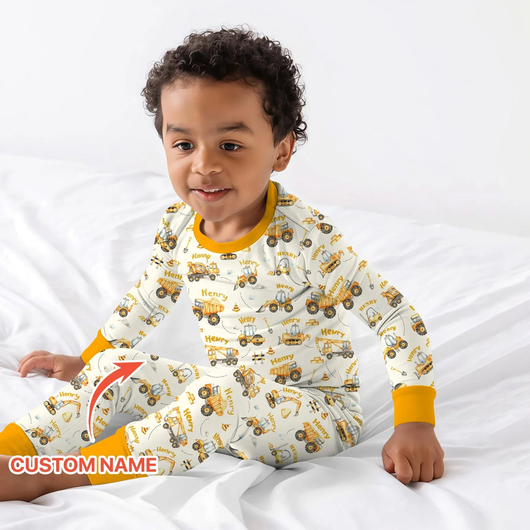 Constructions Machines Custom Name Bamboo Two Piece Long Sleeve Pajama Set