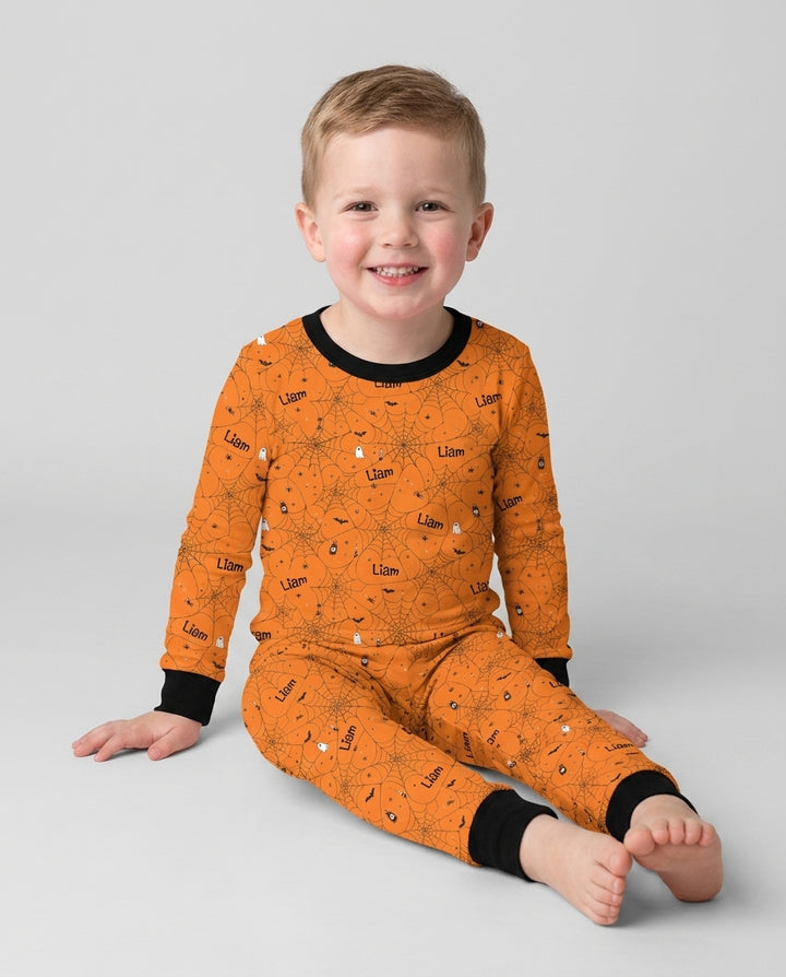 Spooky Spider Web Halloween Custom Name Bamboo Two Piece Long Sleeve Pajama Set