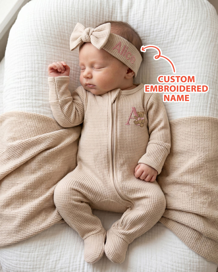 Personalized Cute Bear Embroidered Waffle Bamboo Zipper Footie