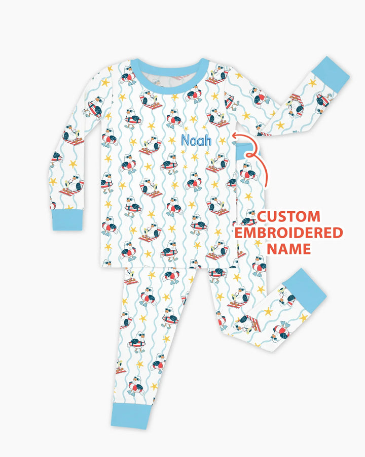 Personalized Embroidered Summer Seagull Baby Bamboo Two Piece Long Sleeve Pajama Set