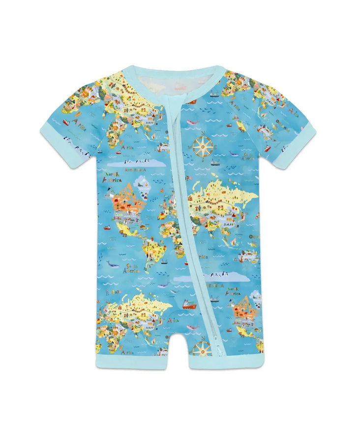 Whimsical World Map Family Matching Bamboo Shorty Zippy