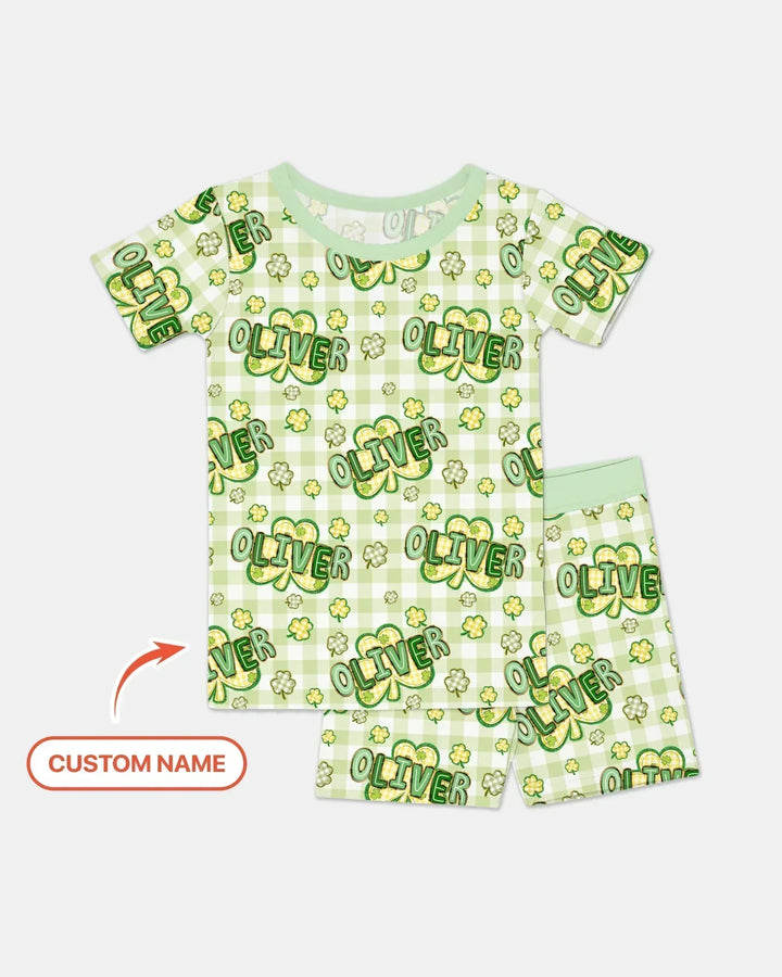 Lucky Shamrock Custom Name Bamboo Two Piece Short Sleeve Shorts Pajama Set