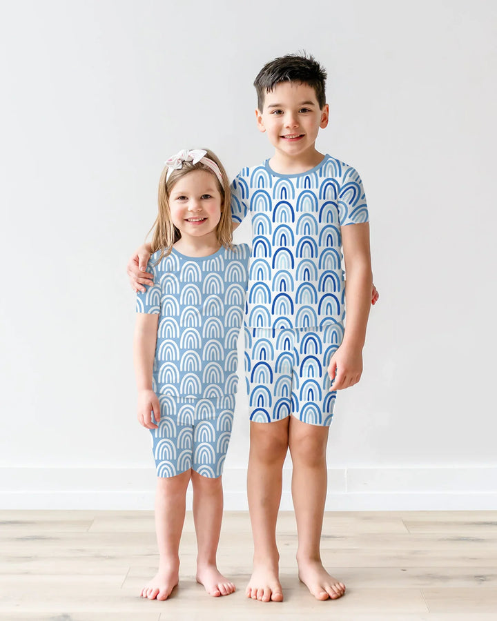 Sky Blue Rainbows Bamboo Two Piece Short Sleeve Shorts Pajama Set