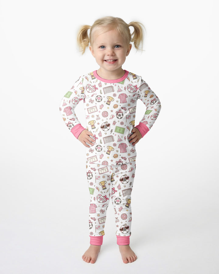 Pink Girly Soccer Coquette Bamboo Two Piece Long Sleeve Pajama Set