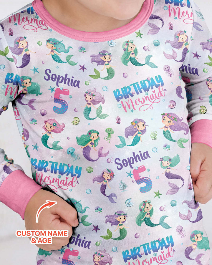 Custom Name and Age Birthday Mermaid Bamboo Two Piece Long Sleeve Pajama Set