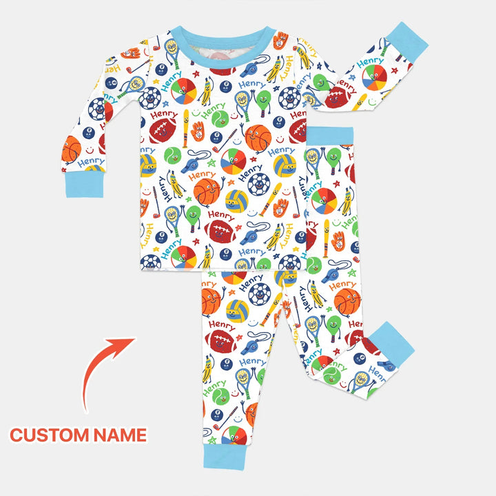 Play Ball Custom Name Bamboo Two Piece Long Sleeve Pajama Set