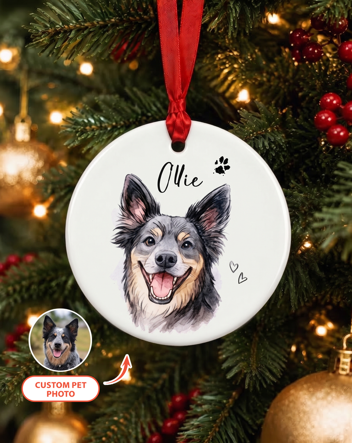 Custom Watercolor Pet Photo Christmas Stripe Ceramic Ornament