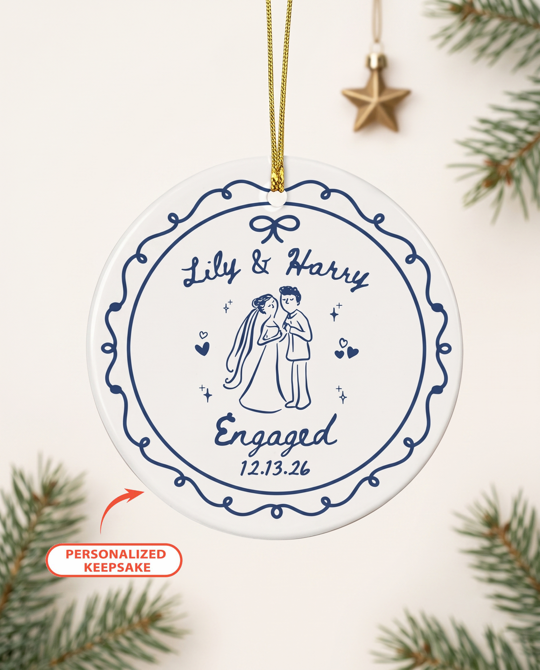 Personalized Whimsical Engagement Ceramic Ornament
