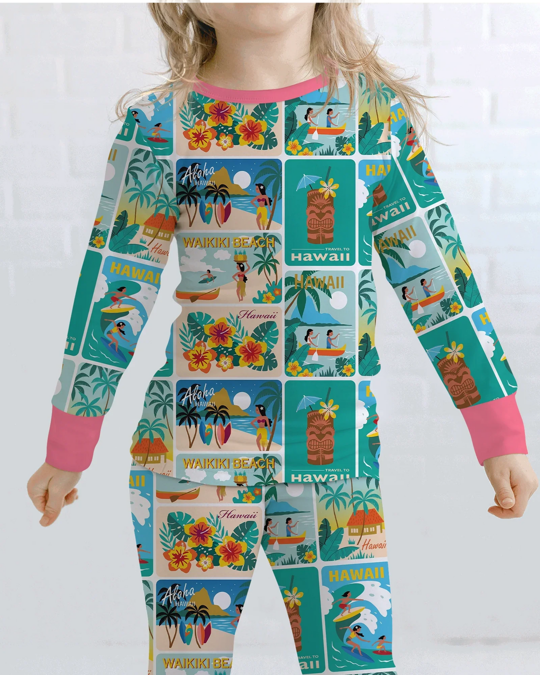 Aloha Postcard Paradise Bamboo Two Piece Long Sleeve Pajama Set