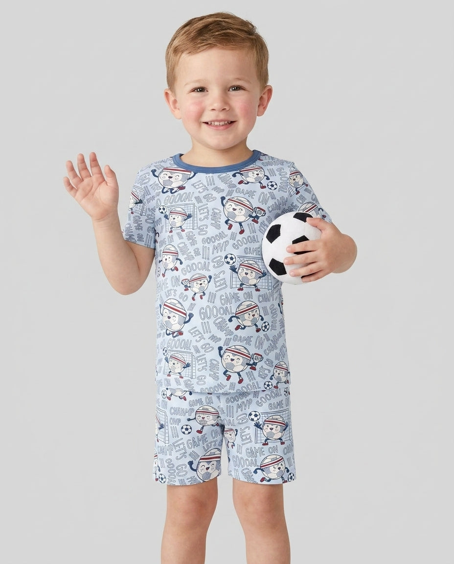 Happy Soccer Ball Family Matching Bamboo Two Piece Short Sleeve Shorts Pajama Set