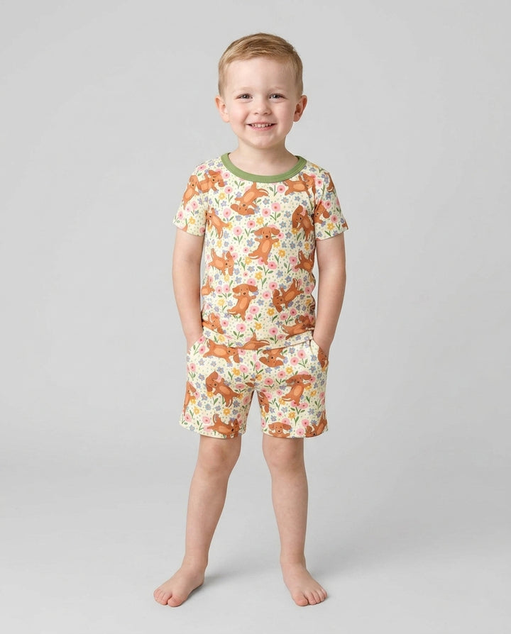Dachshund Blooms Family Matching Bamboo Two Piece Short Sleeve Shorts Pajama Set