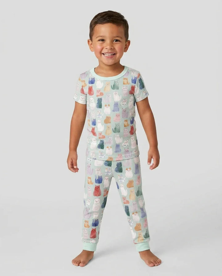 Enchanted Happy Kitty Family Matching Bamboo Two Piece Short Sleeve Pajama Set