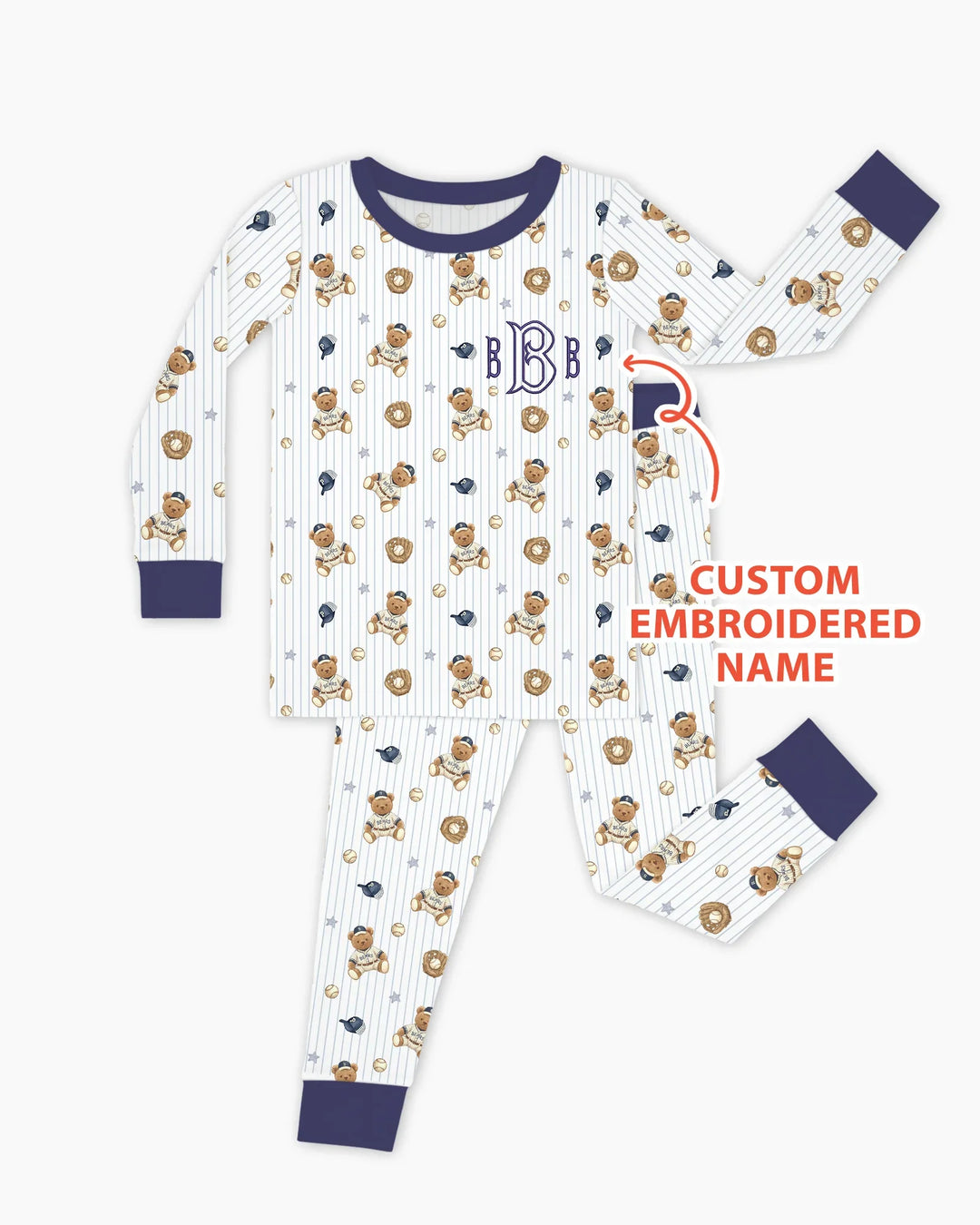 Personalized Embroidered Teddy Bear Baseball Baby Bamboo Two Piece Long Sleeve Pajama Set