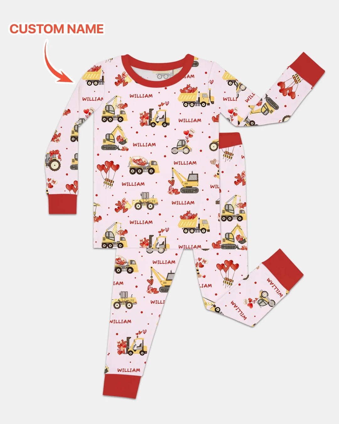 Custom Name Valentine Trucks Family Matching Bamboo Two Piece Long Sleeve Pajama Set