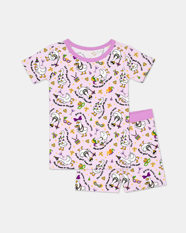 Mardi Gras Silly Goose Bamboo Two Piece Short Sleeve Shorts Pajama Set
