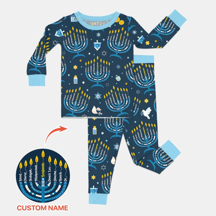 Hanukkah Custom Name Bamboo Two Piece Long Sleeve Pajama Set