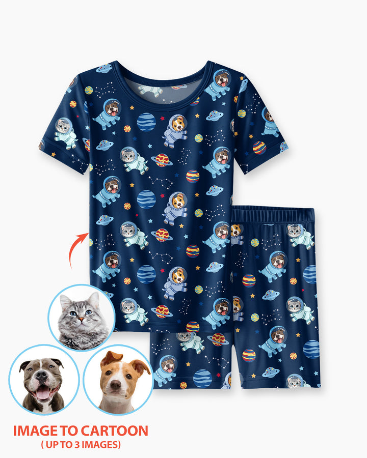 Astronaut Custom Pet Image Family Matching Bamboo Two Piece Short Sleeve Shorts Pajama Set