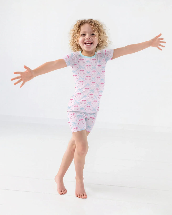Cherry Baseball Softball Mom and Girl Matching Bamboo Two Piece Short Sleeve Shorts Pajama Set