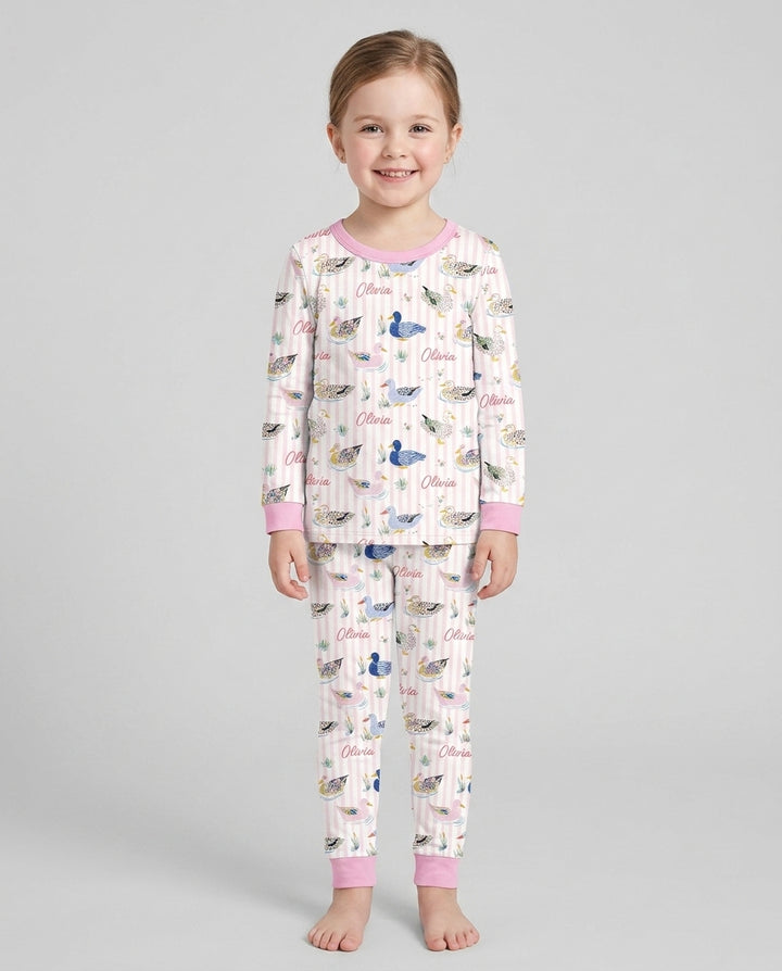 Whimsical Duck Custom Name Bamboo Two Piece Long Sleeve Pajama Set