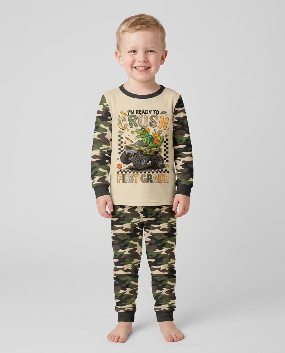 Back To School Monster Truck Dino Bamboo Two Piece Long Sleeve Pajama Set