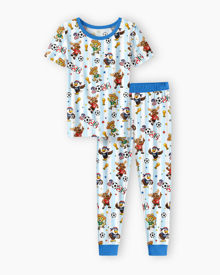 Striped Cute Mascots Soccer Cup 2026 Bamboo Two Piece Short Sleeve Pajama Set