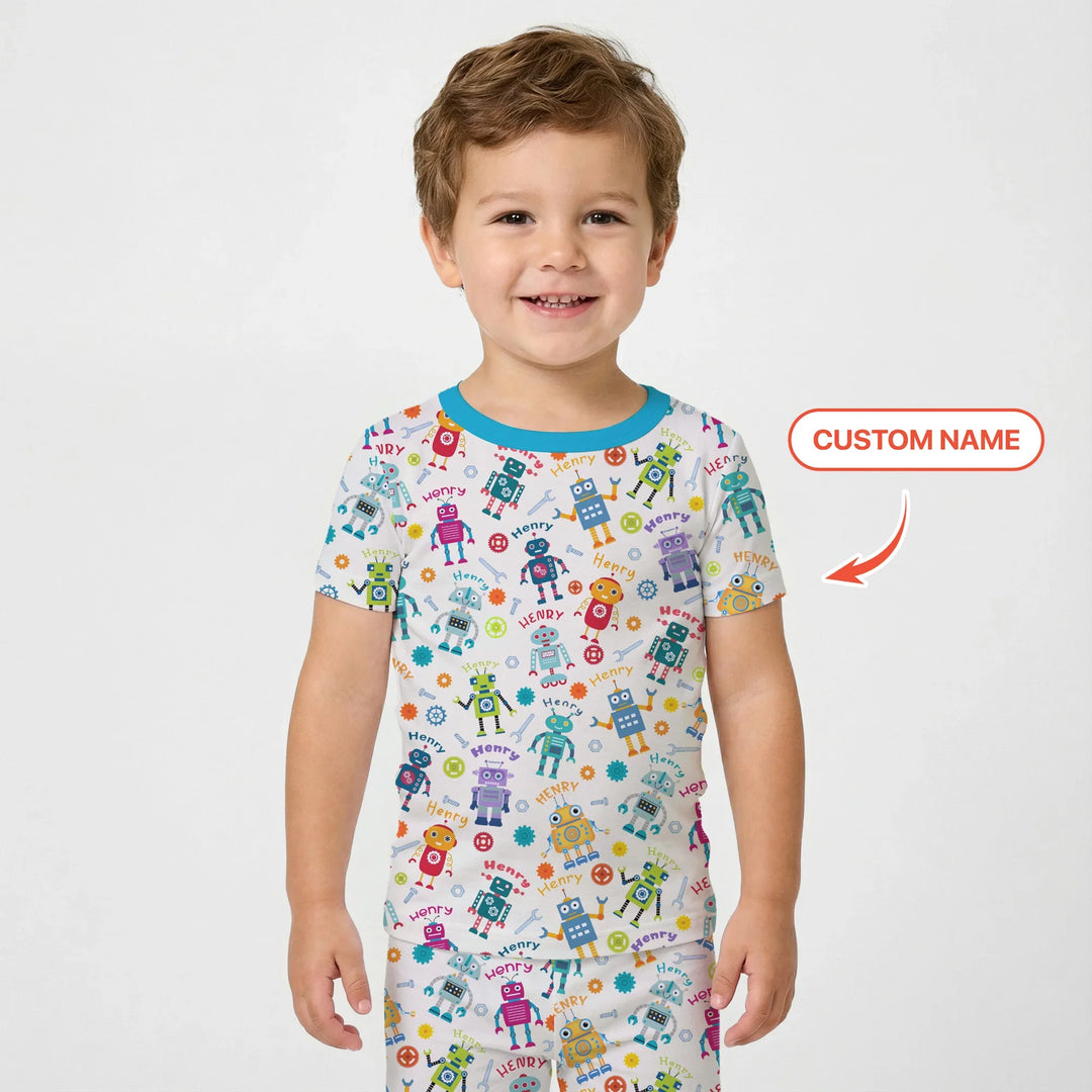 Robo Buddy Squad Custom Name Bamboo Two Piece Short Sleeve Pajama Set